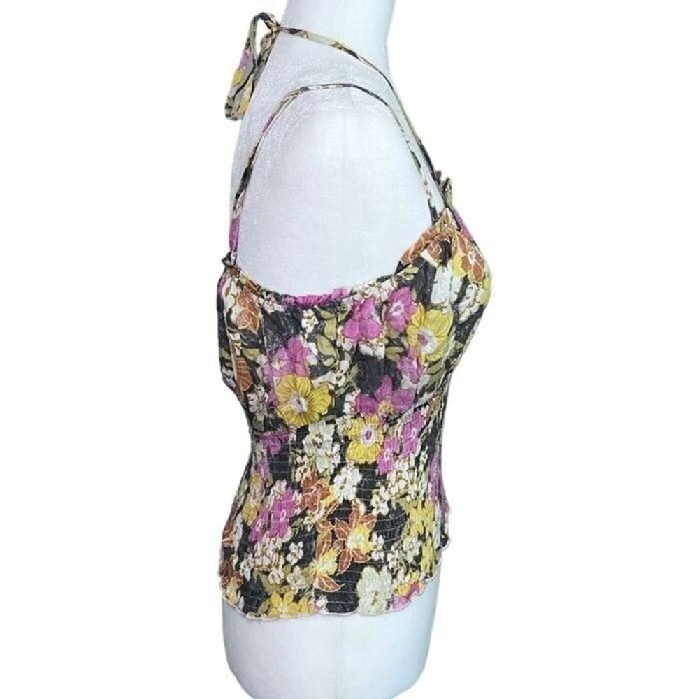 Mystree Floral Smocked Halter Top Romantic Summer Cami Pink Yellow Black - Picture 2 of 5